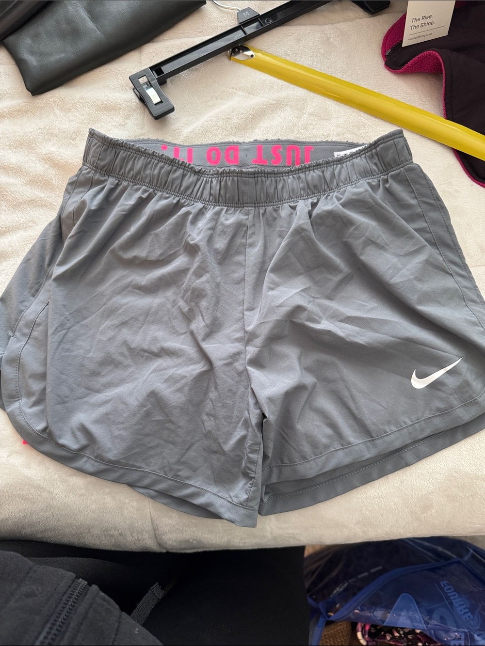 Nike Gray Athletic Shorts with Pink Waistband Accent